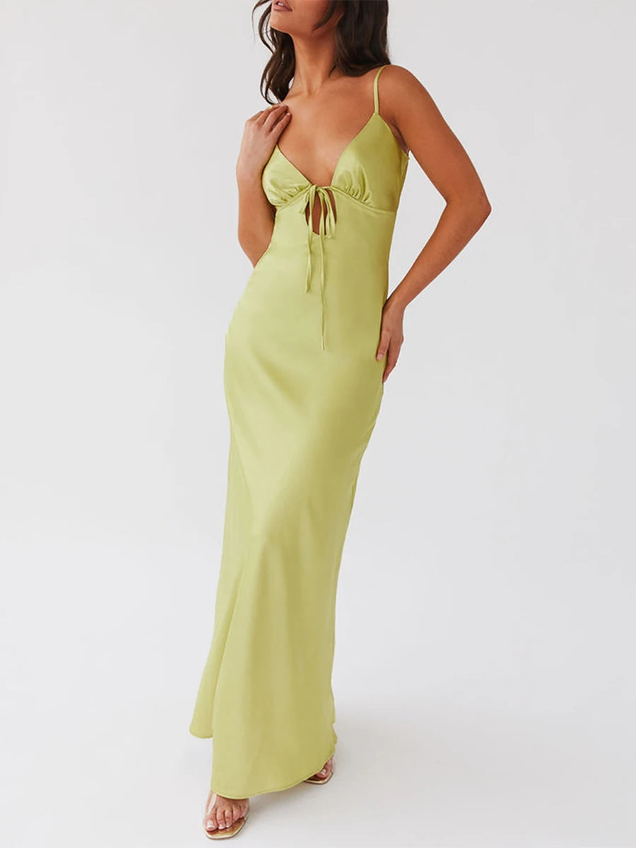 Women Cami Dress Solid Color Sleeveless Tie-Up Front Backless