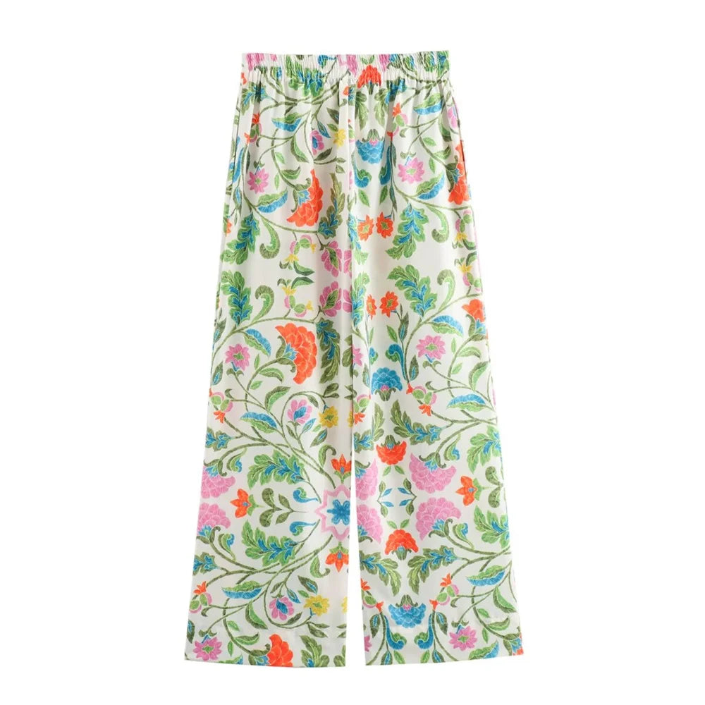 Women’s Simple and Elegant Flip Collar Printed Shirt Mid Waist Straight Leg Pants Casual Set