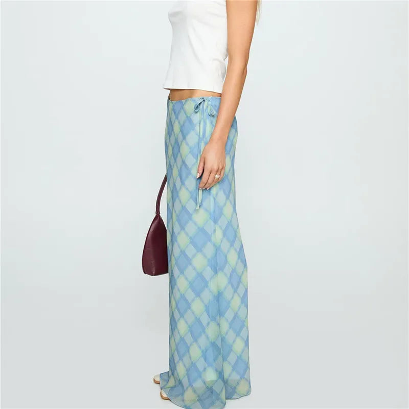 Casual Plaid Bandage Split Mesh Skirt