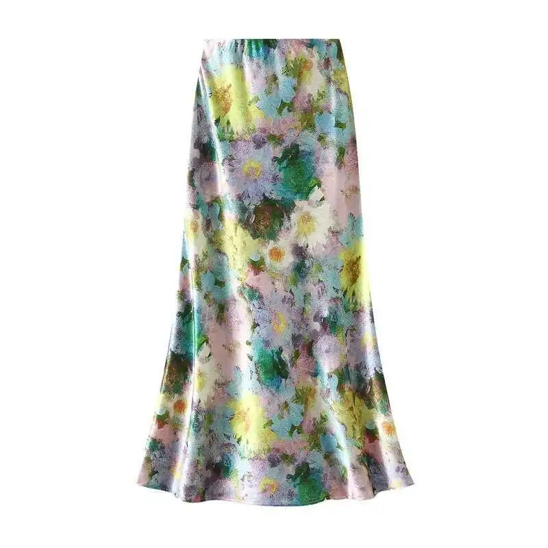 Women Spring Summer Floral Print Satin Long Skirt