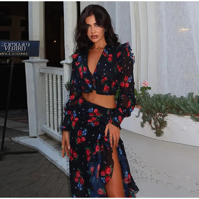 Printed Shirt Ruffles Split Skirt Sets Women