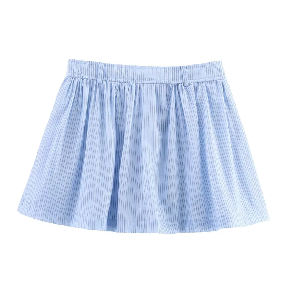 Women’s Lace Detail Striped Short Shirt Fluffy Mid Waist Skirt Pants Set