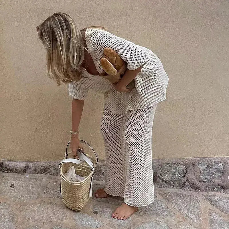 Knitted Hollow Out cardigan Top Straight Pants Sets