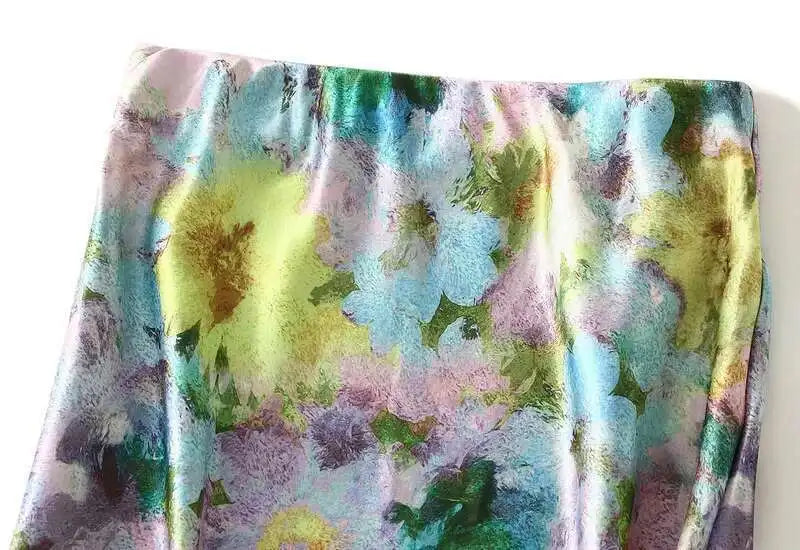 Women Spring Summer Floral Print Satin Long Skirt