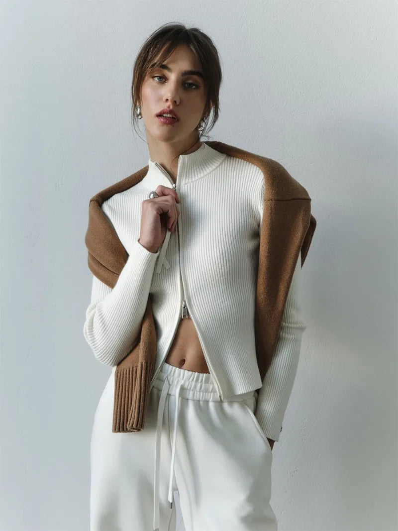 Solid Double Zip Knit Cardigan Women