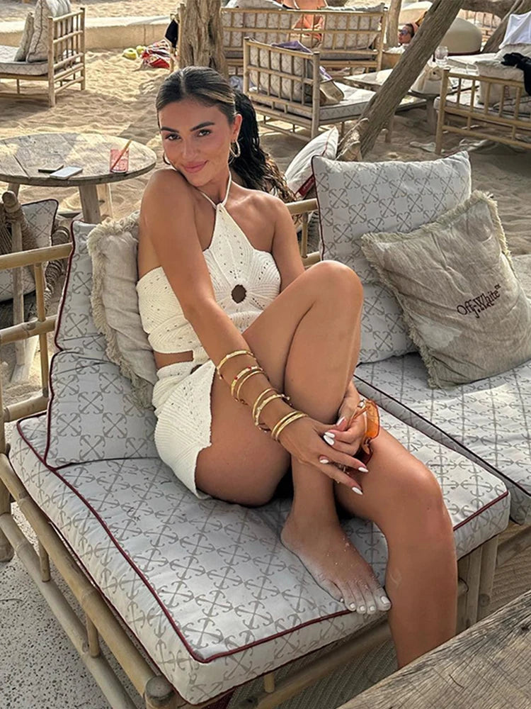 Hook Knit Beach Mini Dress Women Hollow Out Halter Sleeveless Backless Lace Up - Norellé