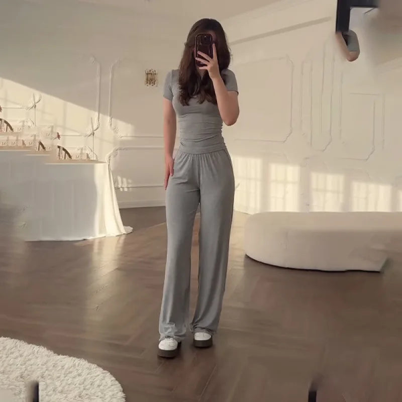 Casual Long Pants Suits Women O-neck Short Sleeve T-shirt Elastic Waist Trousers Set