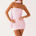 Women Ruched Tube Top Dress With Scarf