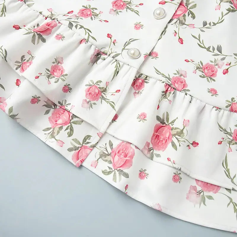 Print Puff Sleeves Ruffled Dress