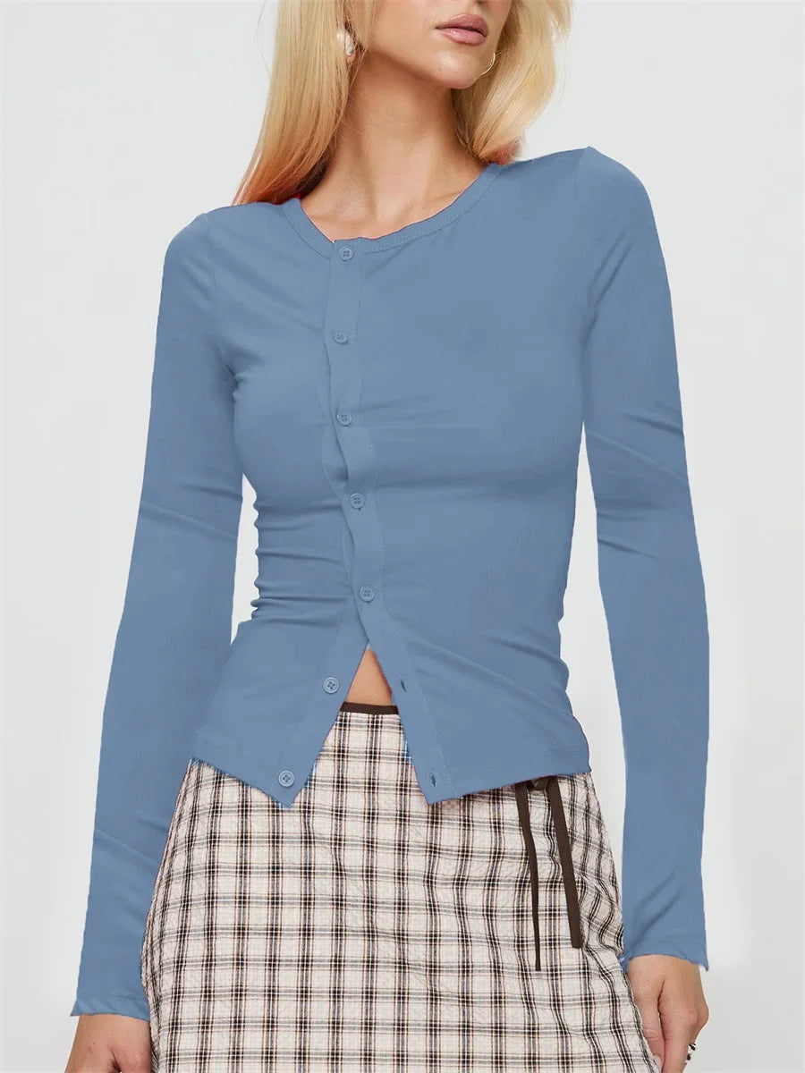 Women Button Down Crop Top Long Sleeve