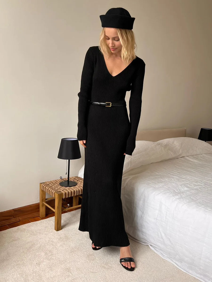 Women’s Long Sleeve V-neck Slim Bodycon Knitted Maxi Dress