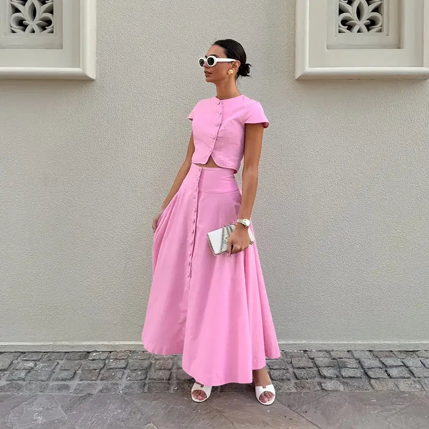 Pink Long Skirt Two Piece Elegant Shirt Button Top Loose A-Line Set