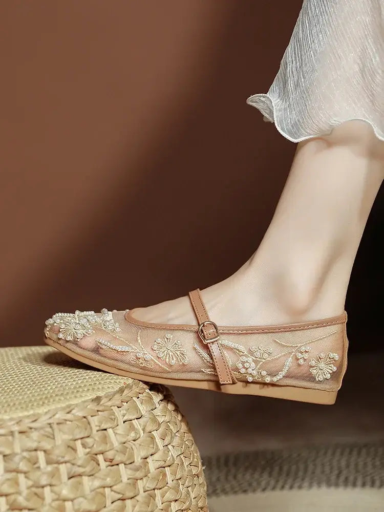 White Pearl Decoration Mesh Embroidery Ballet Flats