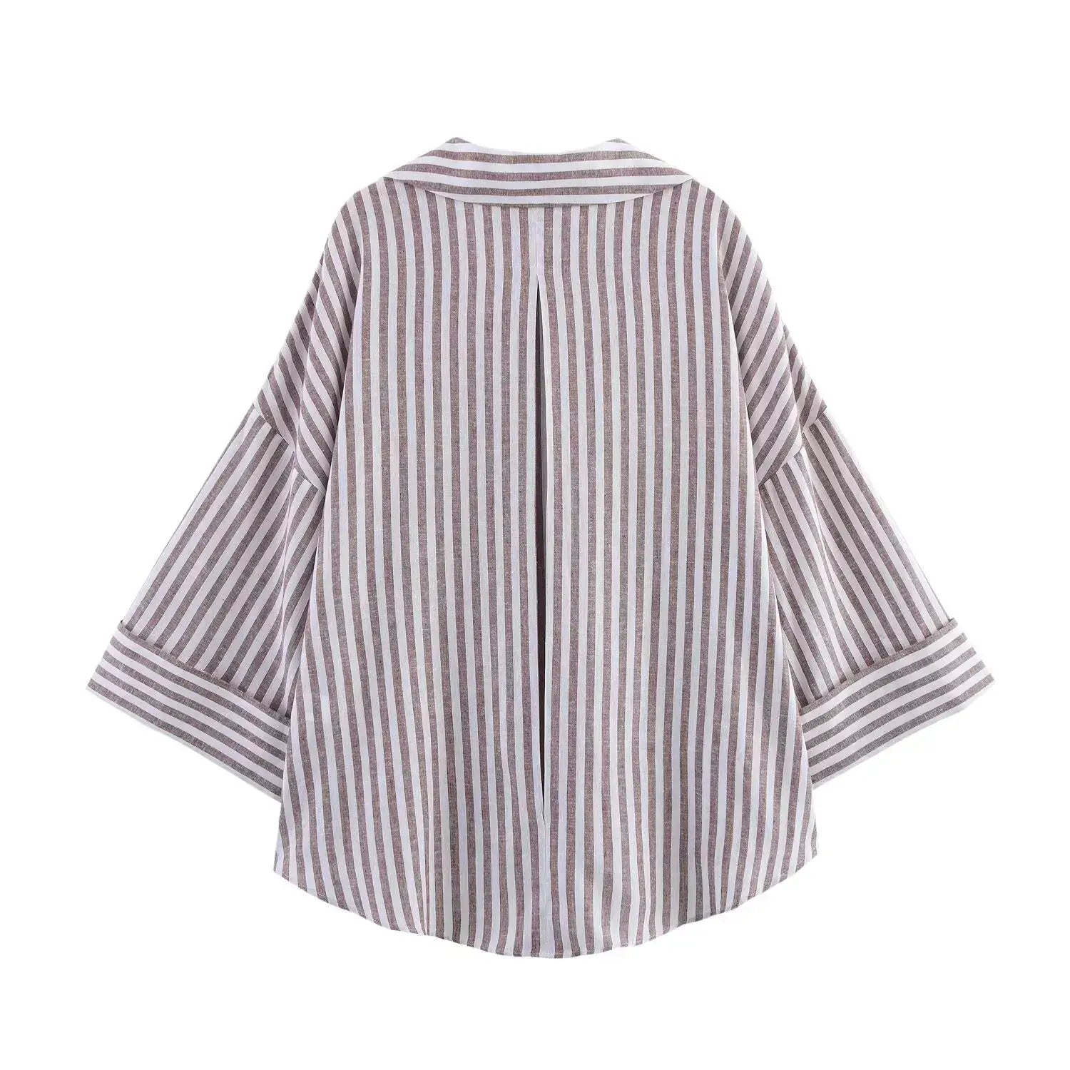 Women’s Shirt With a Collar and Wide Sleeves Simple Stripes Single Breasted