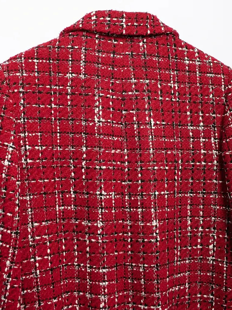 Women Fashion Chic Red Tweed Jacket With Should Pads Female Pockets Buttoned Short Coat