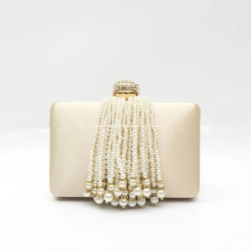 Women Pearl Tassel Satin Evening Bag