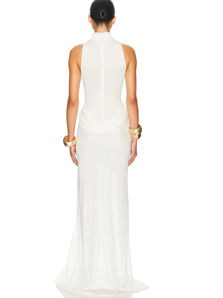 High Slit Turtleneck Women Maxi Dress White Sleeveless High Waist Dress - Norellé