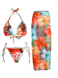 Flower Print Bikini Set Women's High Waist Long Skirt 3 Piece Swimsuit - Norellé
