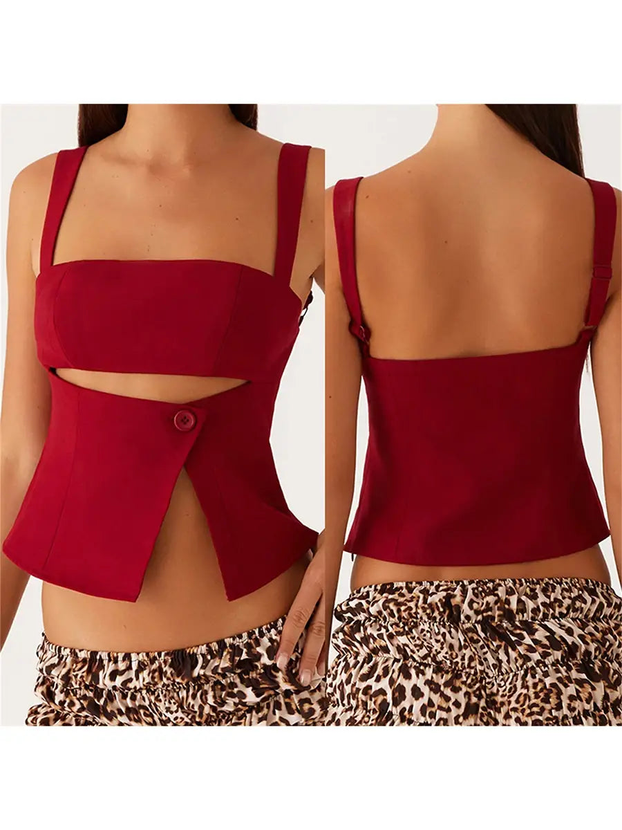 Women Crop Top Split Hem Cutout Backless Tank