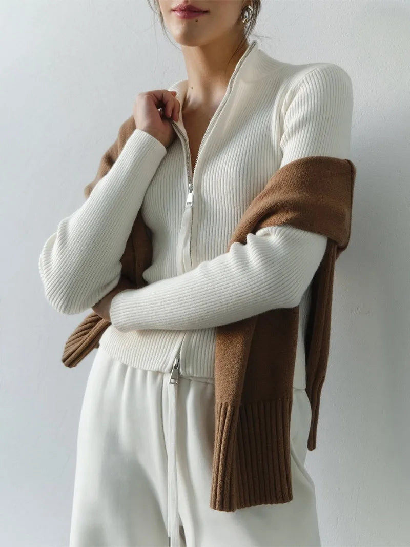 Solid Double Zip Knit Cardigan Women