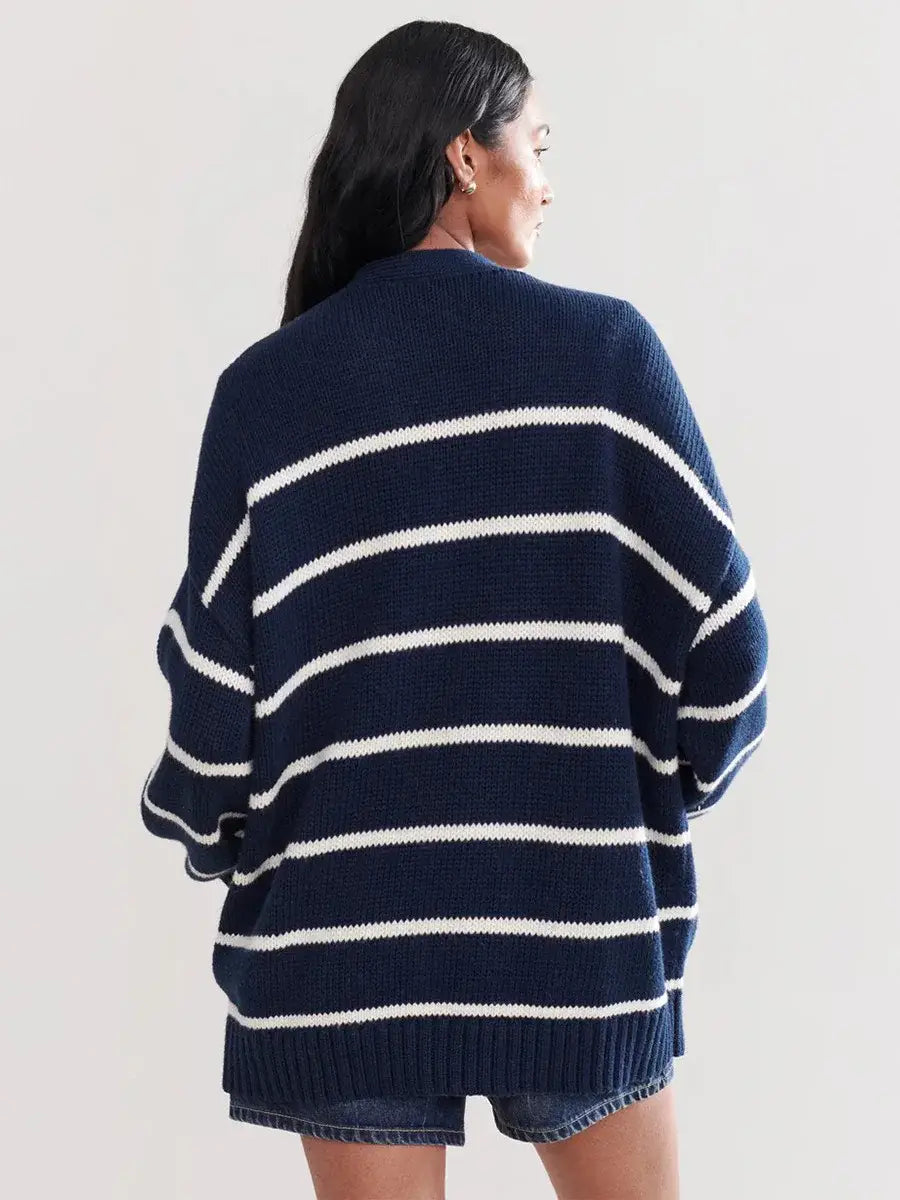 Women’s Striped Knit Cardigan V Neck Cotton Loose Fit