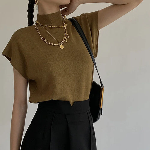 Vest Shirt Solid Stand-up Collar Knitted Sweater Short Sleeve - Norellé