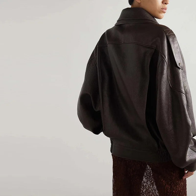 Retro PU Leather Stand Collar Jacket Women