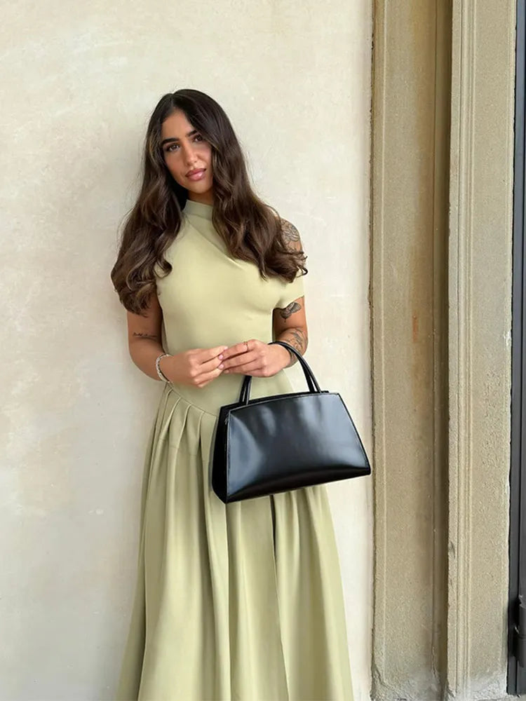 Women Elegant Green Pleated Dress O Neck Short Sleeve Patchwork Long Dress - Norellé