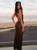 Square Collar Mesh Patchwork Diamonds Long Dress Women - Norellé
