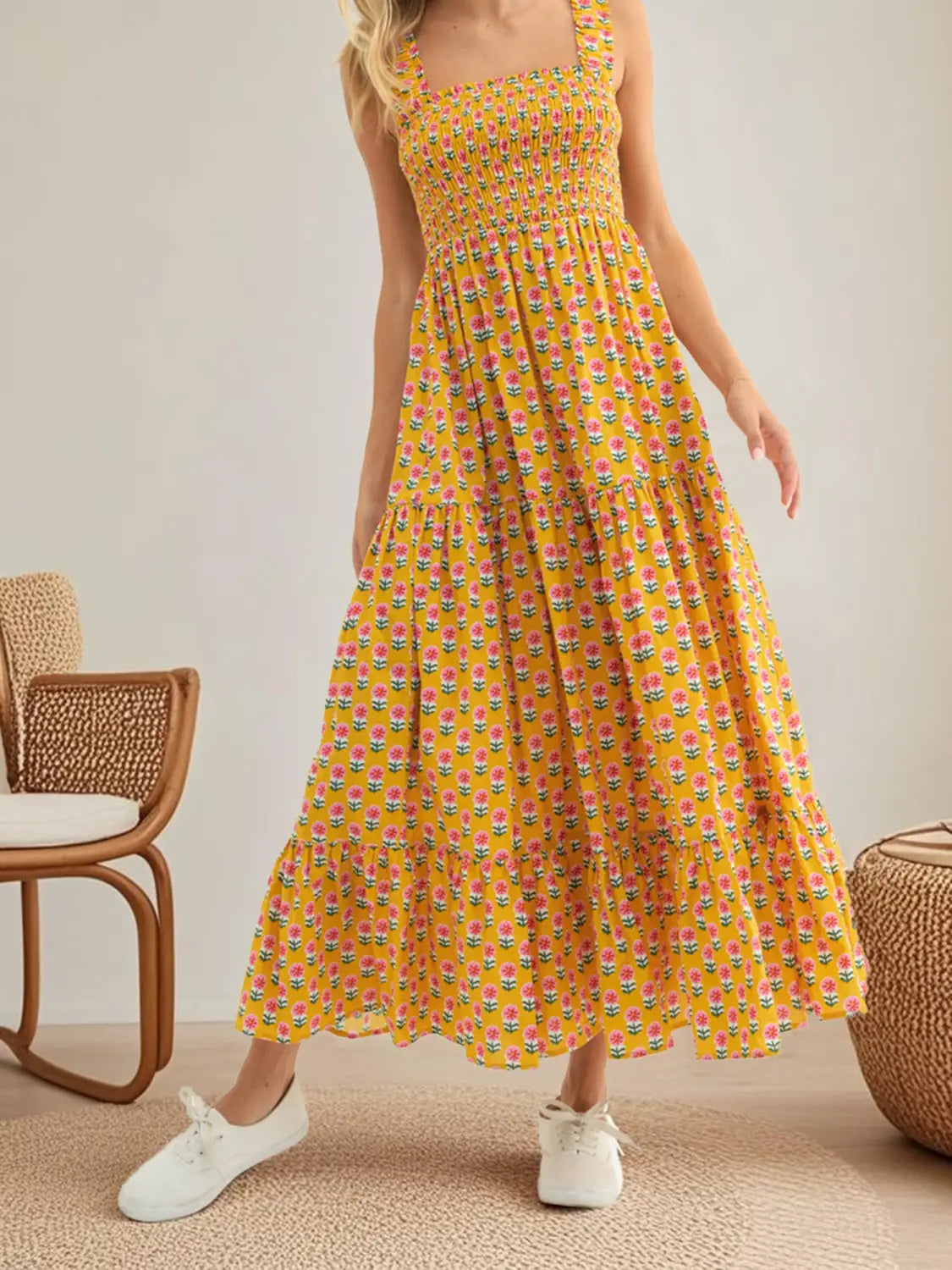 Women Bohemian Floral Print Sundress Backless