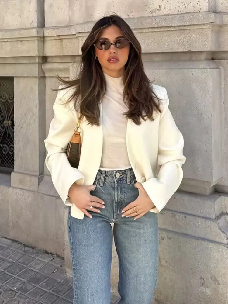 Vintage Women White Casual Blazer Jackets