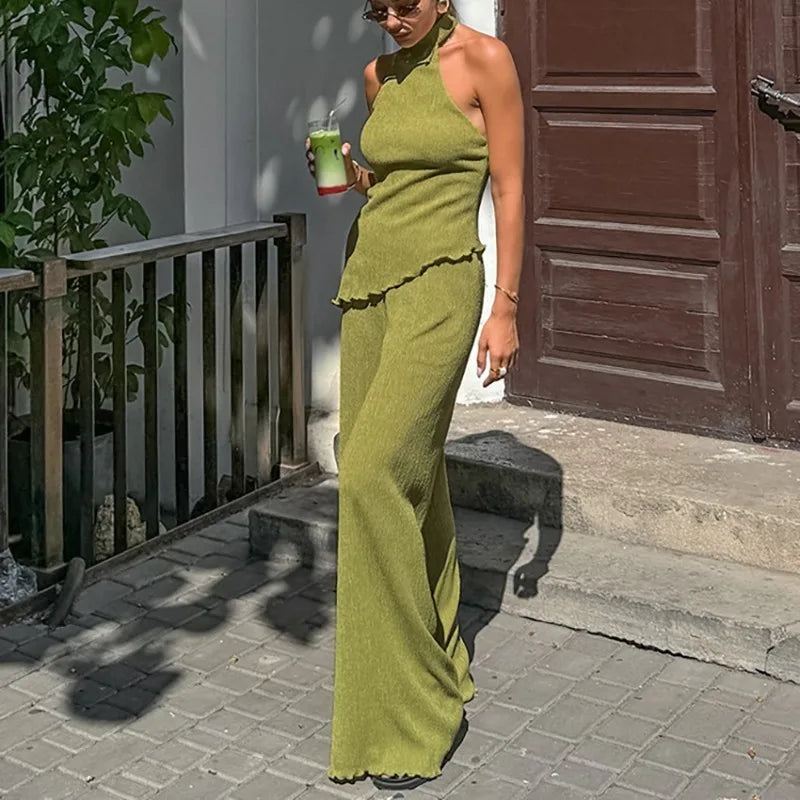 Hanging Green Pants Set Sleeveless Backless Two-piece