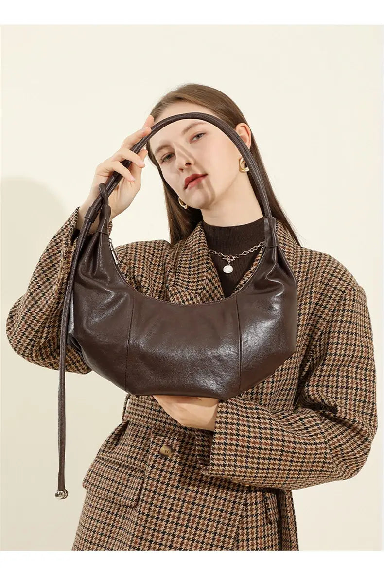 Cowhide Genuine Leather Half Moon Shoulder Bag