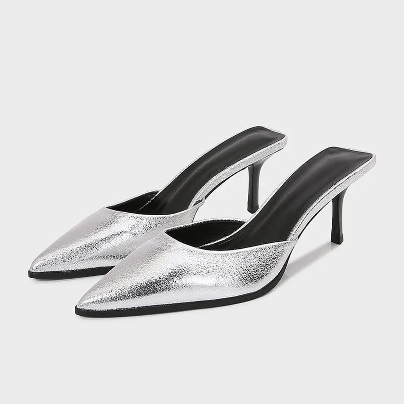Silver Women’s Slippers Pointed Toe Slide Sandals