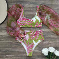 High Waist Bikini Set Floral Print Swimwear Women With Long Puff Sleeves - Norellé