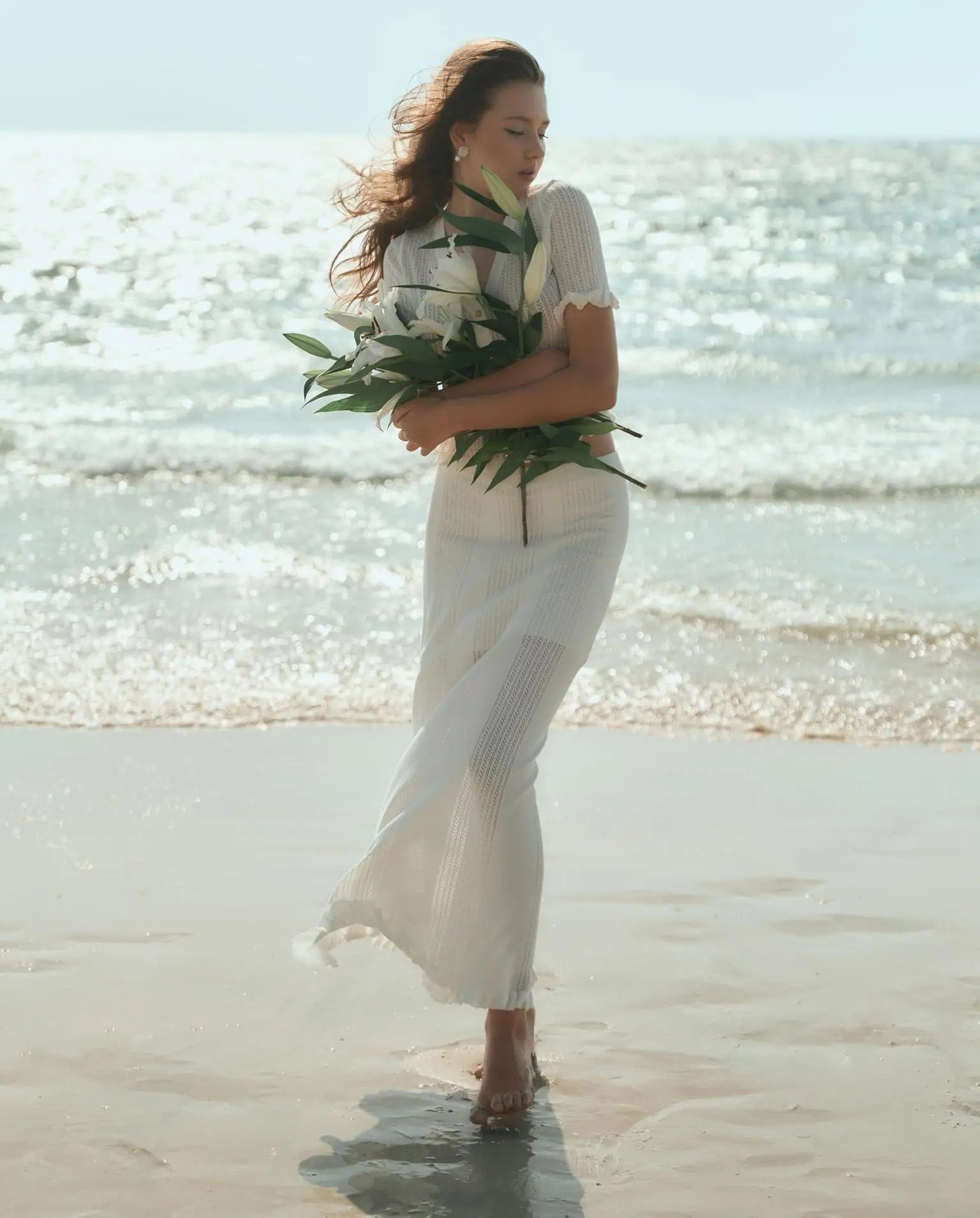 Knitting Hollow Top Long Skirt Suit