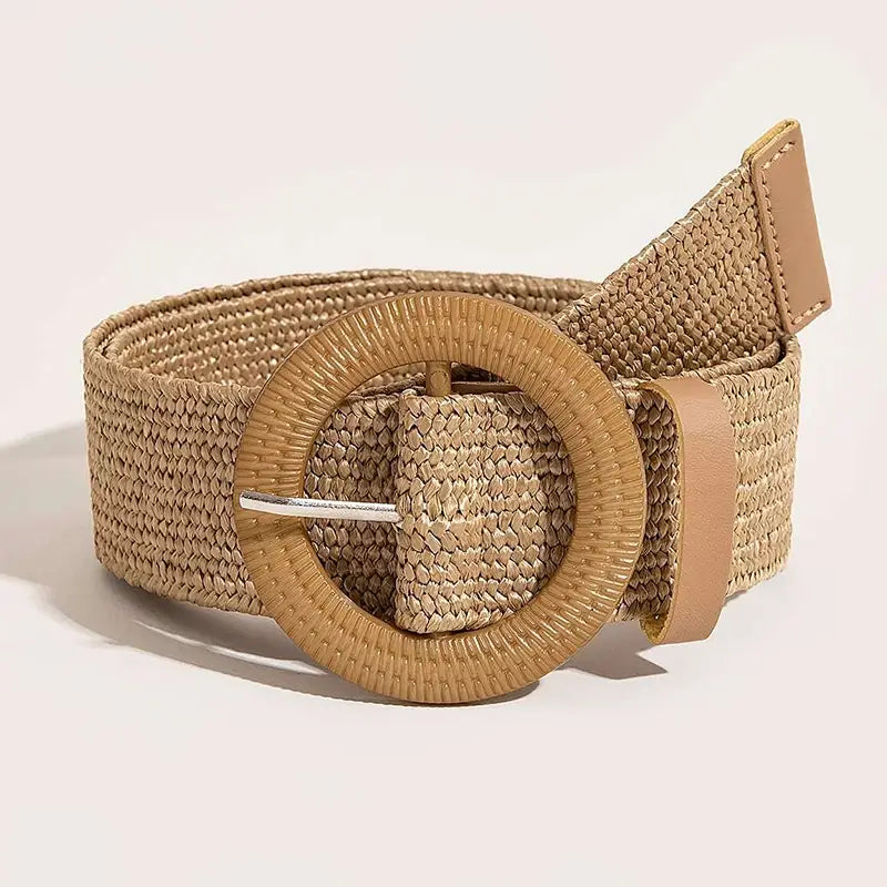 Women Round Buckle Boho Straw Belt