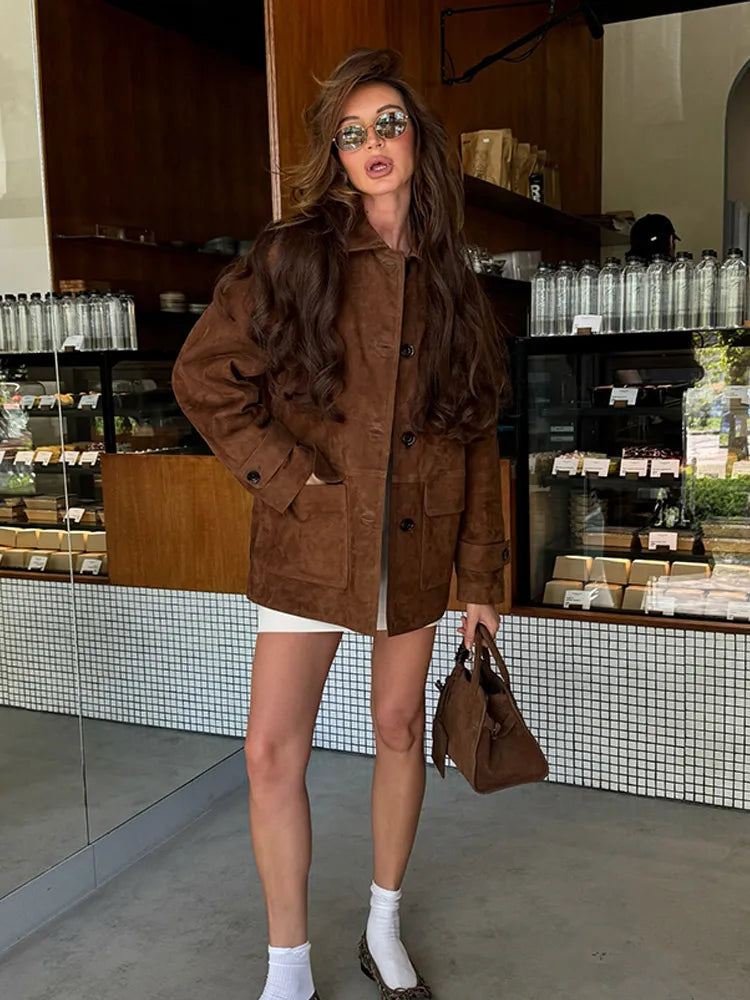 Women Dark Brown Suede Coat