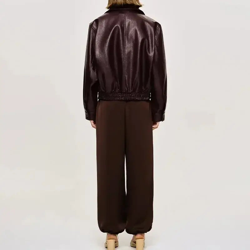 Vintage Wine Red Loose Short Leather Jacket Women