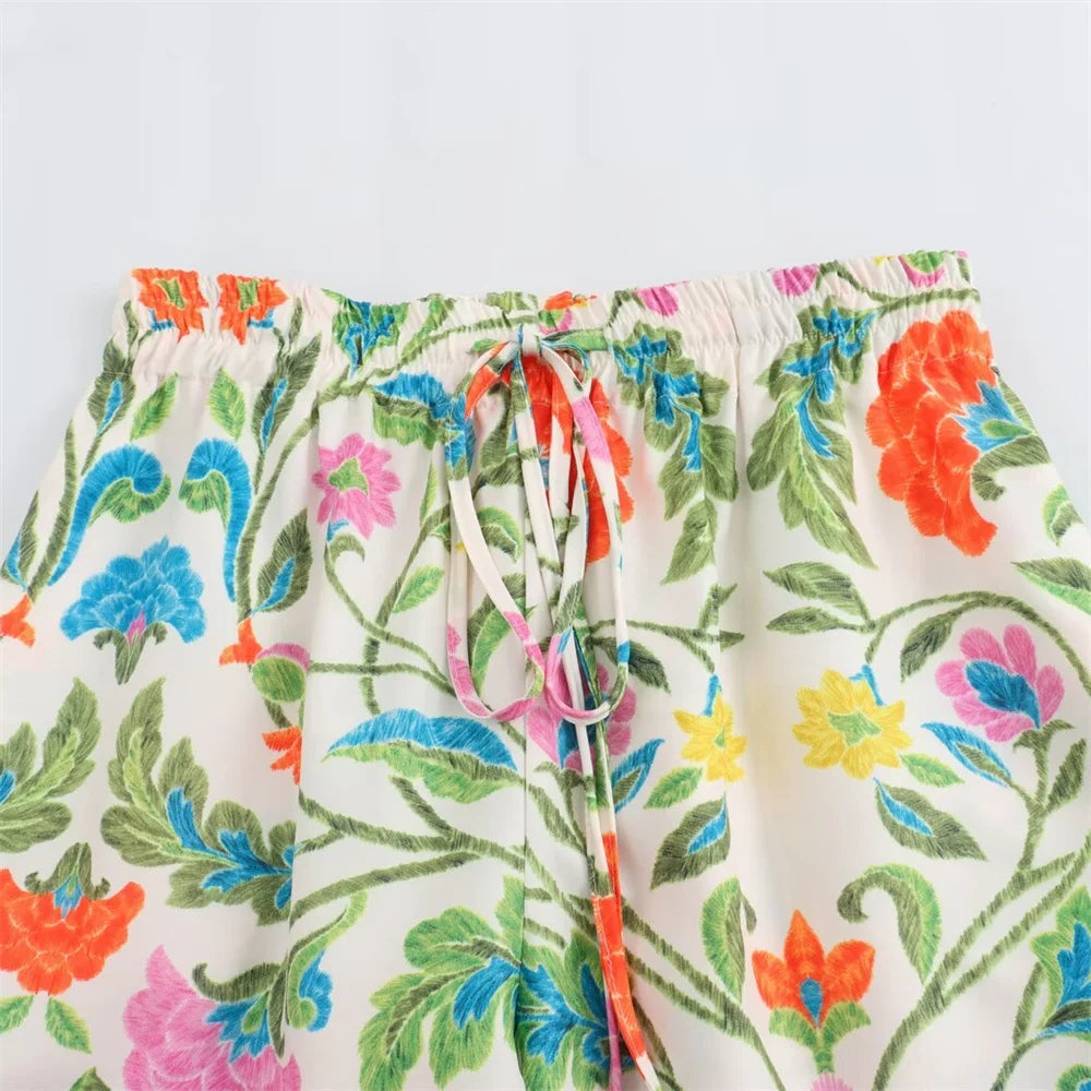 Women’s Simple and Elegant Flip Collar Printed Shirt Mid Waist Straight Leg Pants Casual Set