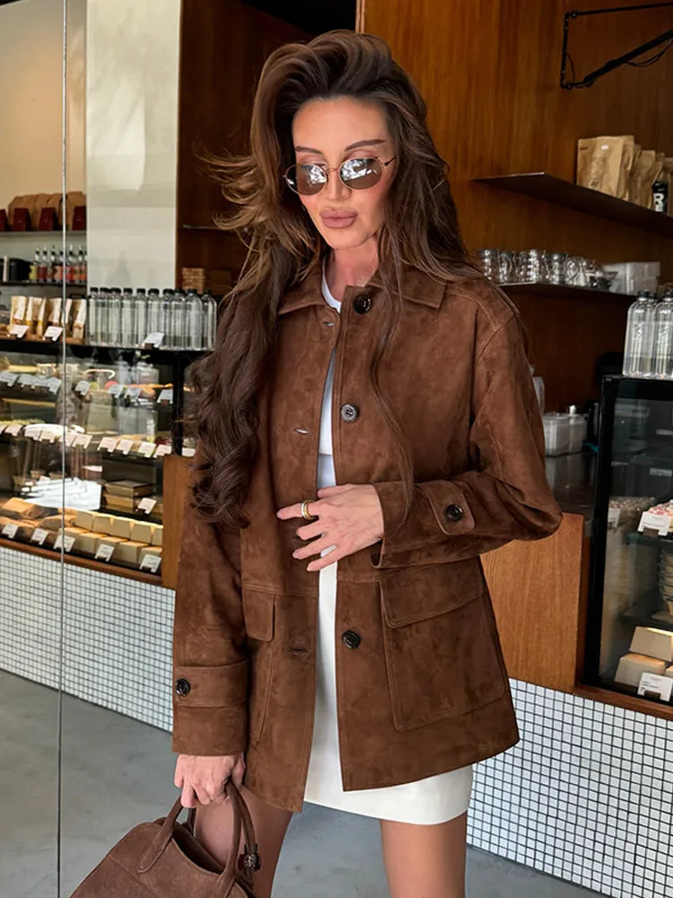Women Dark Brown Suede Coat