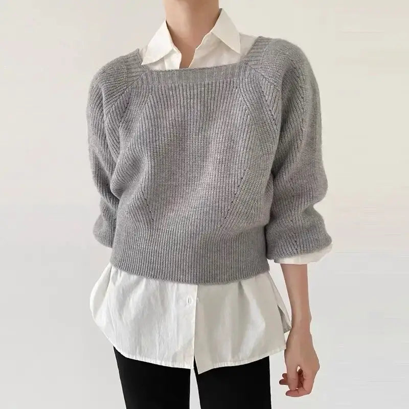 Elegant Square Neck Retro Casual Women Knitted Sweater