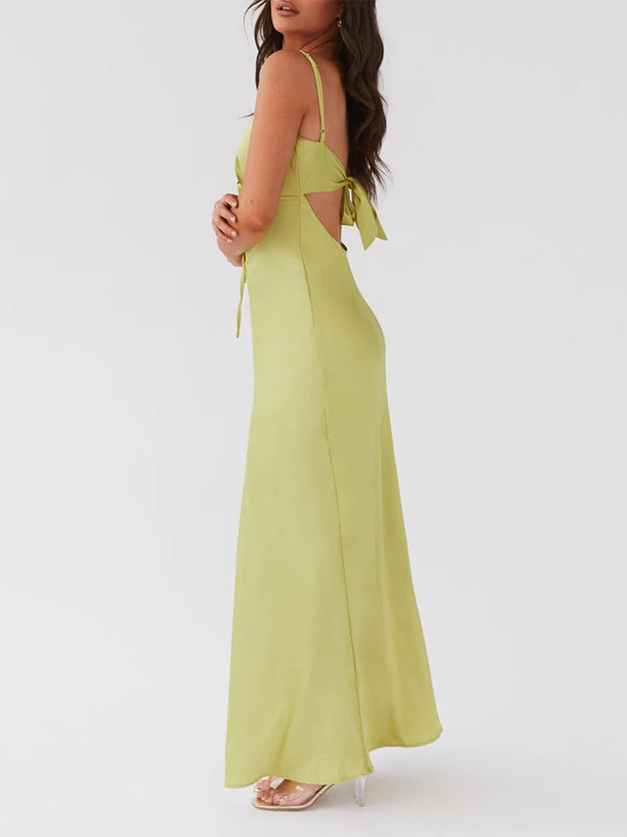 Women Cami Dress Solid Color Sleeveless Tie-Up Front Backless