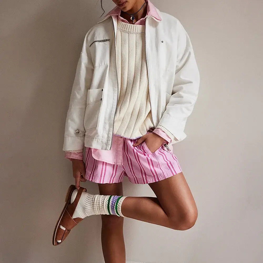 Straight Striped Casual Pockets Beach Shorts