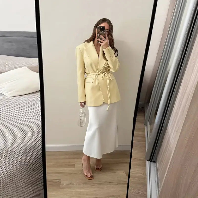 Women’s Tie Waist Blazer Coat Oversized Padded Shoulder