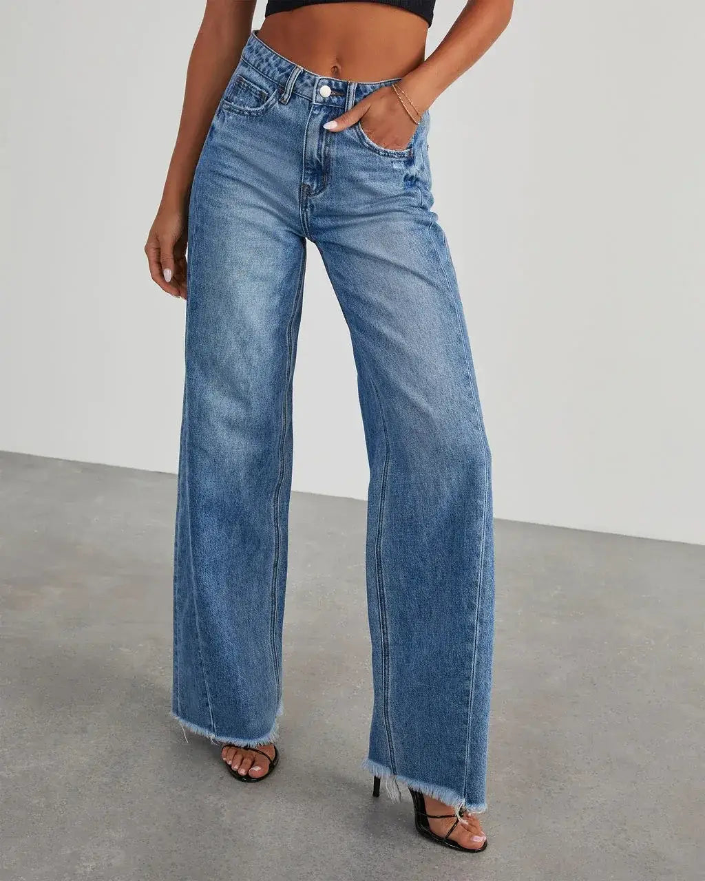 Women’s Loose Wide Leg Side Seam Stitching Frayed Hem Jeans