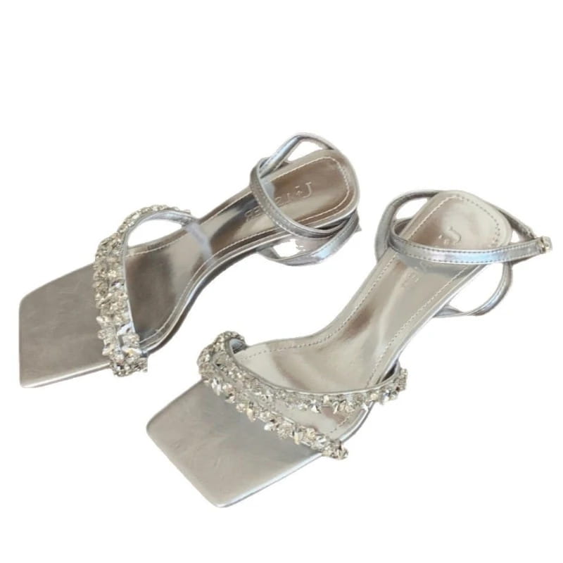 Rhinestone Ankle Strap Women Sandals High Quality Square Toe