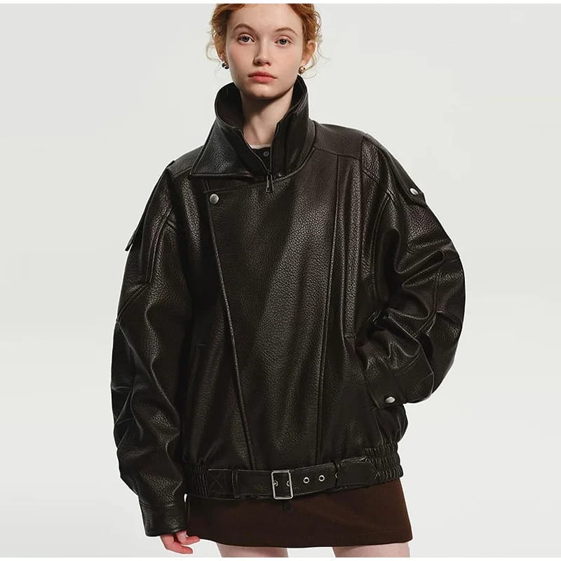 Street Lapel Zipper Leather Jacket Woman