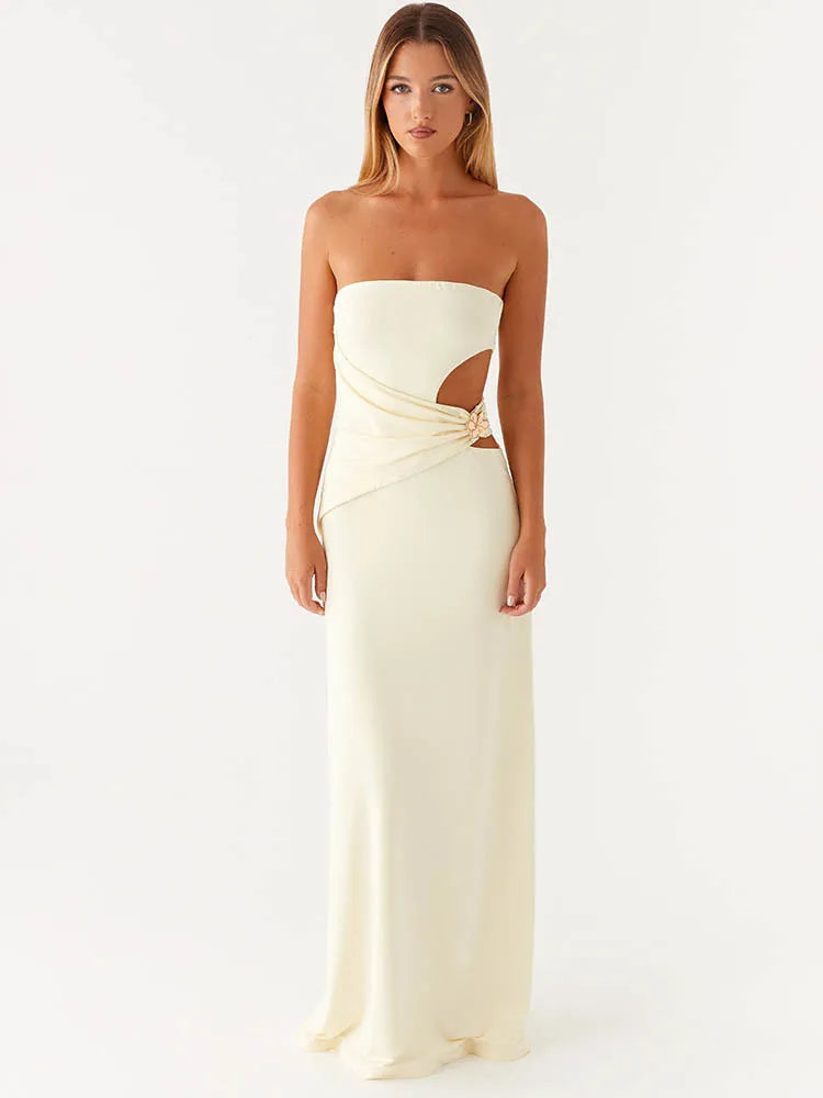 Hollow Out Off-shoulder Maxi Dress Women Fashion Metal Flower Strapless Sleeveless Backless - Norellé