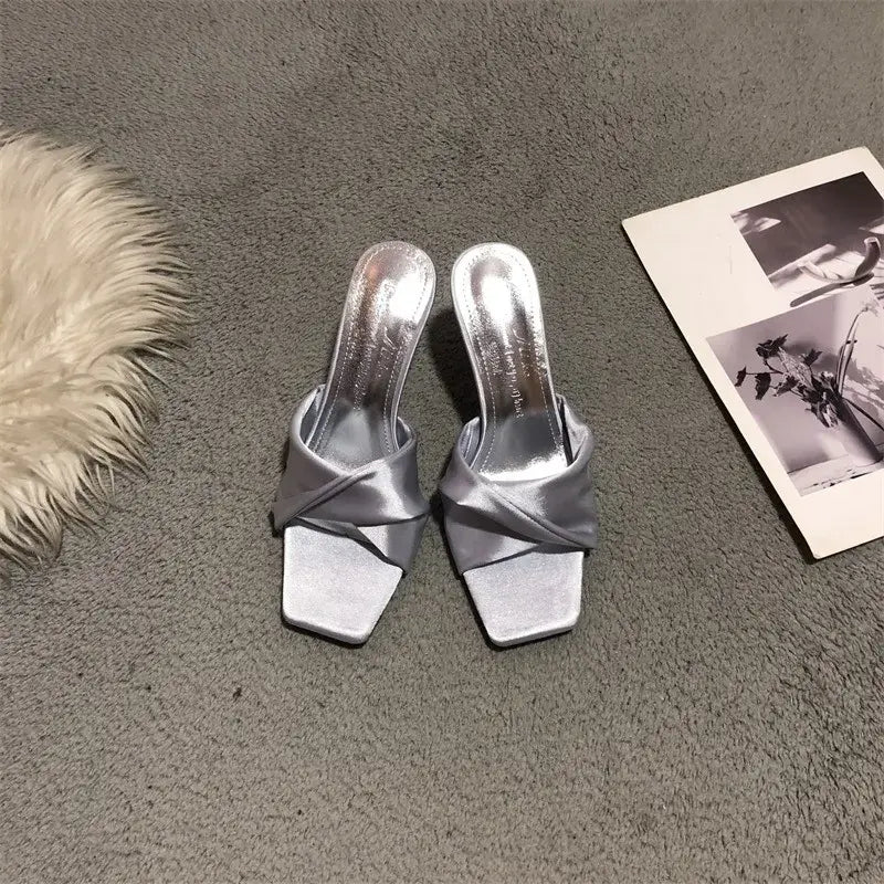 Satin Slippers Women Square Toe High Heels